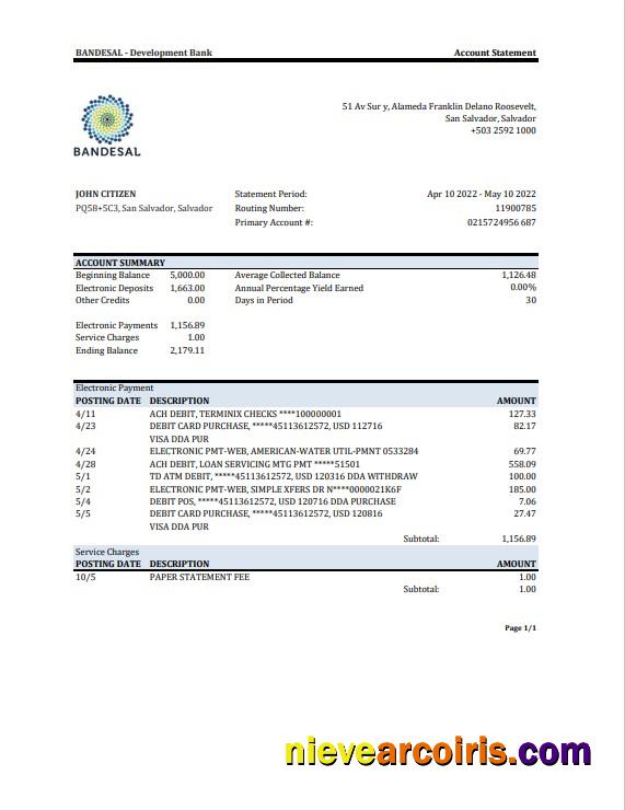 Salvador Bandesal bank statement, Excel and PDF
